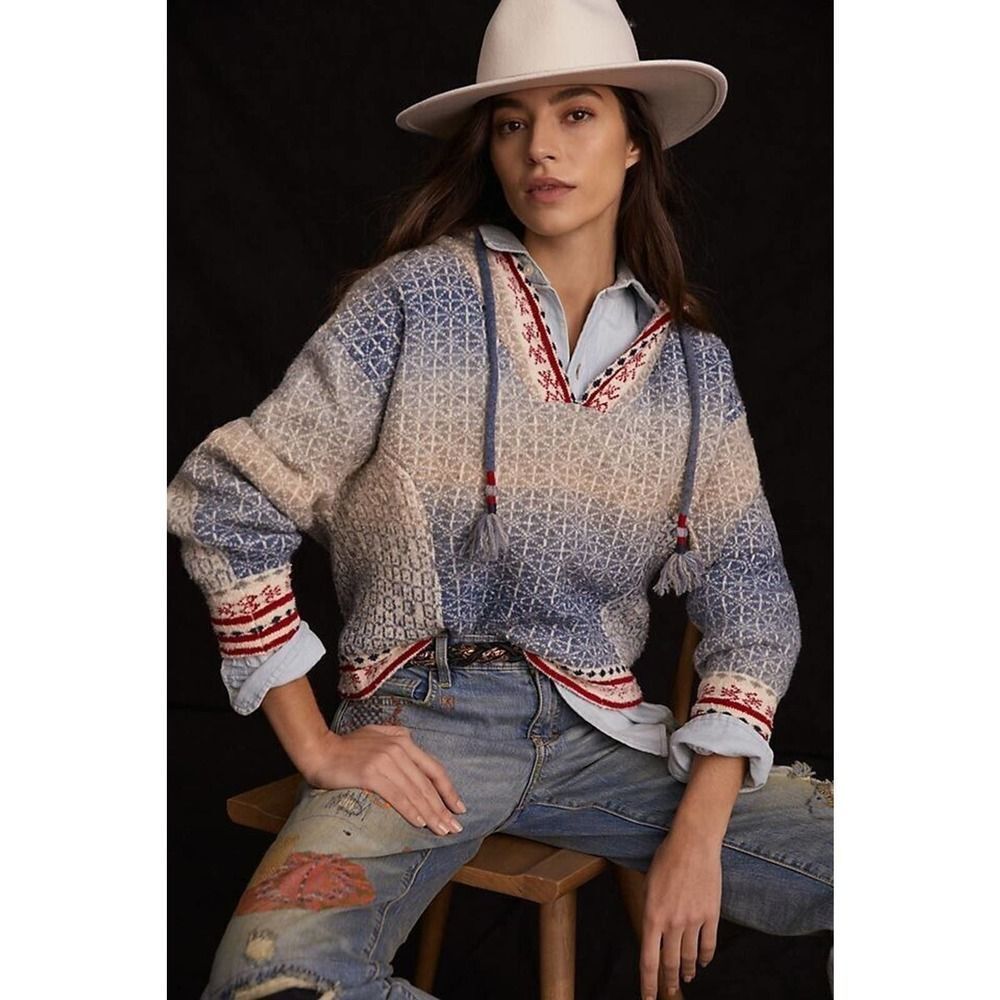 Anthropologie Abstract Hoody Size XSmall Blue Pullover Tassel Sweater
